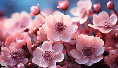 Gently pink flowers of anemones outdoors in summer spring close up on turquoise background with soft selective focus. Delicate dreamy image of beauty of nature