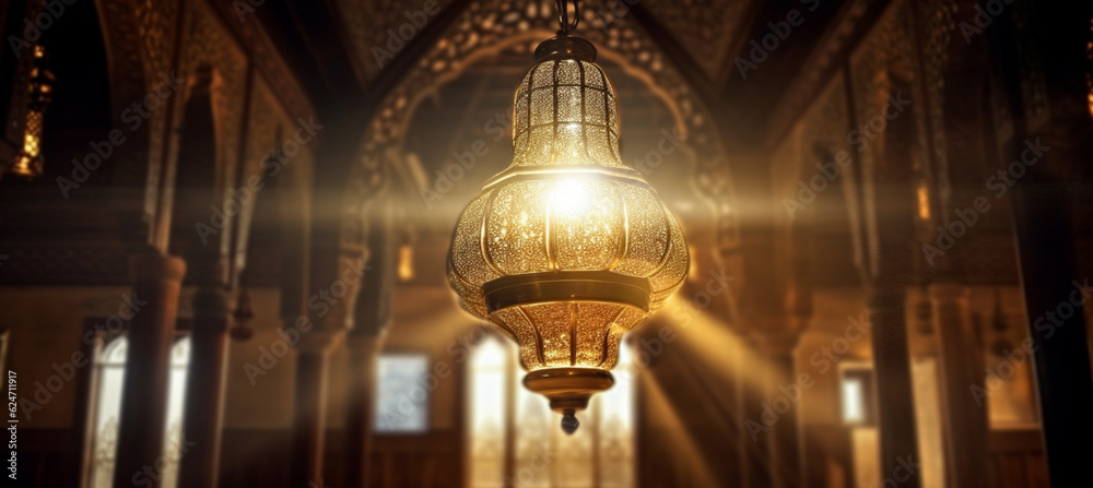 Obraz premium A lamp in a mosque with the light shining through it