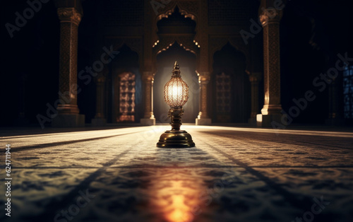A lamp in a mosque with the light shining through it