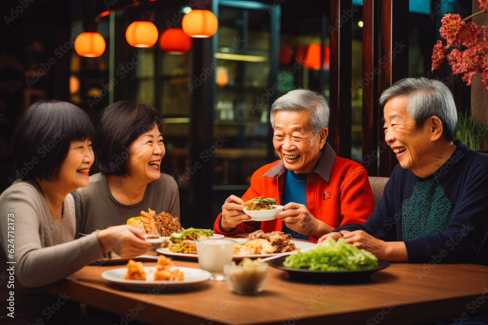 Older couple eating chinese food at restaurant. Couple on date night with delicious food. Generative AI