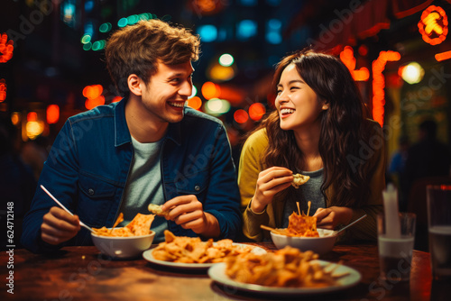 Young couple eating chinese food at restaurant. Couple on date night with delicious food. Generative AI