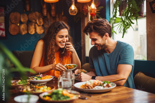 Young couple eating indian food at restaurant. Couple on date night with delicious food. Generative AI