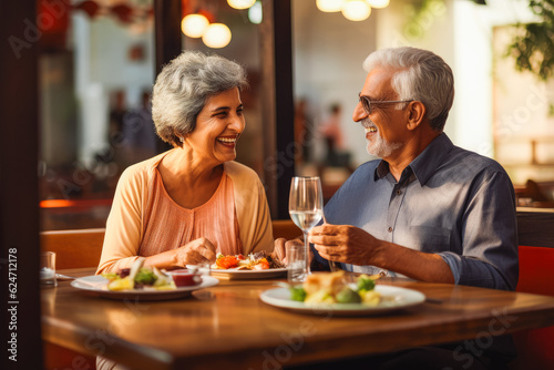 Older couple eating indian food at restaurant. Couple on date night with delicious food. Generative AI