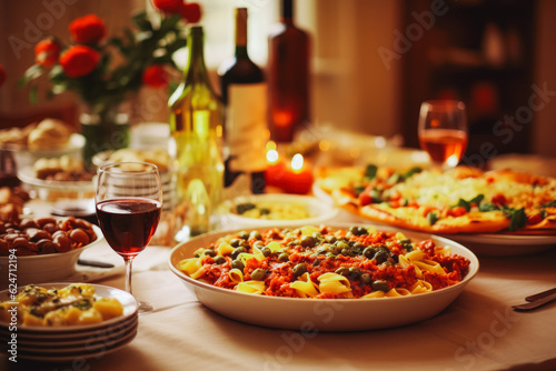Italian food on table. Delicious authentic Italian food. Generative AI