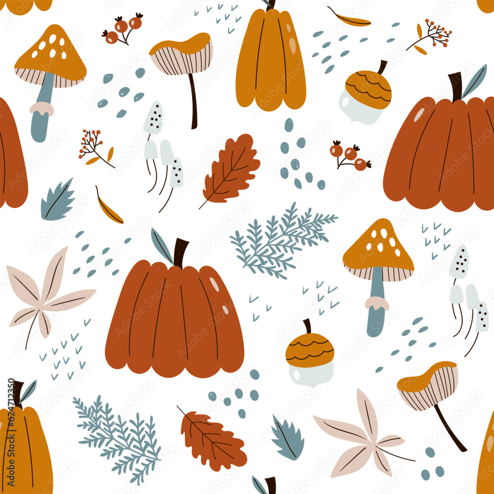 Autumn seamless pattern with pumpkin, leaves, acorn, mushrooms. Vector illustrations Autumn seamless pattern with pumpkin, leaves, acorn, mushrooms. Vector illustrations