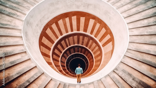 A lone figure looking in front spiral staircase leading down into a tunnel from another dimension.