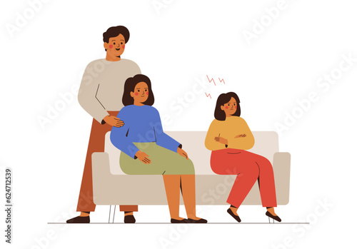 Father and mother consoling their angry adolescent daughter. Communication with Difficult teenager. Girl don't want to talk with parents. Mental health and psychology concept. Vector illustration
