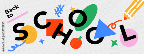 Horizontal poster or web banner in trendy doodle style with geometric shapes, bold design elements and modern typography. Back to school, college, education, study concept. Template for ads, branding
