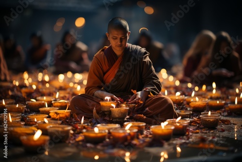 A group of Buddhist devotees engaging in a traditional ceremony, showcasing the spiritual practices and rituals of Buddhism. Generative AI © bluebeat76