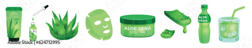 Set of pharmacy succulent Aloe Vera plant and elements for cosmetic products, isolated on white background. Vector illustration in flat cartoon style