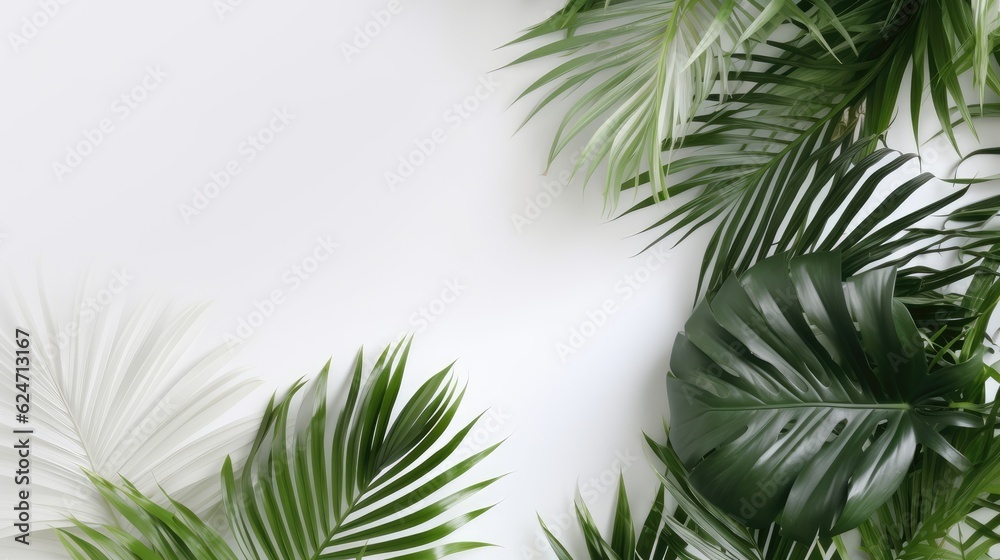 Palm leaves on the simple white background promo banner Created With Generative AI Technology Palm leaves on the simple white background promo banner Created With Generative AI Technology