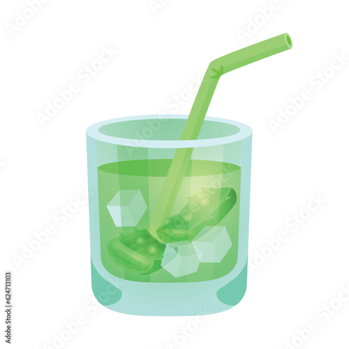 Green Aloe Vera juice glass isolated on white background. Vector illustration in flat cartoon style 