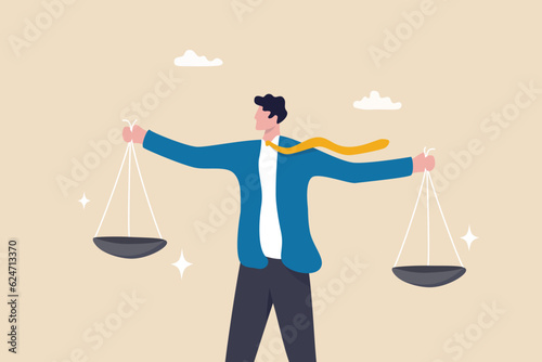 Comparison advantage and disadvantage, integrity or honest truth, pros and cons or measurement, judge or ethical, decision or balance concept, businessman comparing scale to be equal, fair measuring. photo