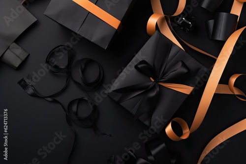 black boxes with orange ribbons on black background, elegant background composition, black friday sales concept