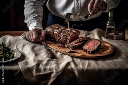 Côte de Boeuf being sliced and served on a rustic table setting with silverware and cloth napkins