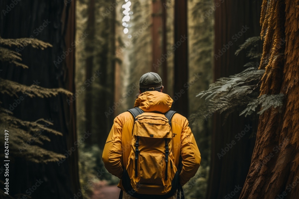 back view of a man in yellow jacket, walking in the forest, autumn concept, travel concept,