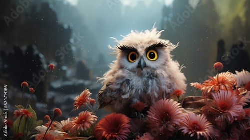 Cute illustration of a baby owl in the forest with unruly fluffy feathers and adorable big eyes and expression, surrounded by vibrant colorful flowers and leaves - generative AI  © SoulMyst