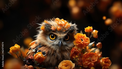 Cute illustration of a baby owl in the forest with unruly fluffy feathers and adorable big eyes and expression, surrounded by vibrant colorful flowers and leaves - generative AI 