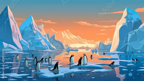 Background iceberg with penguins. Icy wonder with an illustration capturing the majestic presence of icebergs and the lively presence of penguins. Generative AI.