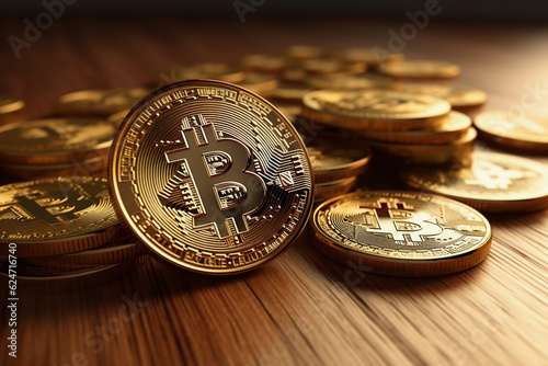A pile of Bitcoins on a wooden table