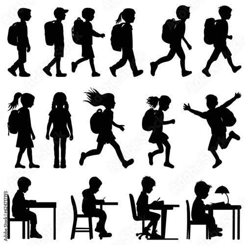 set of silhouette schoolchildren sitting at a desk, silhouette children with backpacks vector