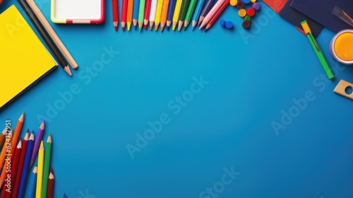 Frame with colorful school supplies. First day at school. Copy space - Gen AI