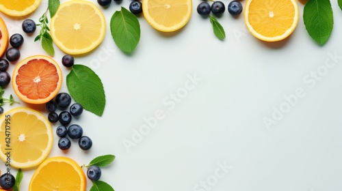 Summer background with fruit. Frame with lemons, berries, mint leaves, copy space - Gen AI
