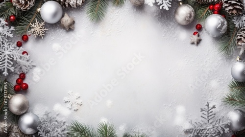 Christmas holiday frame, assortment of christmas and winter deocorations and ornaments. Copy space - Gen AI