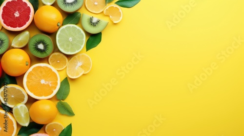 Summer yellow background with fruit. Frame with kiwi, grapefruit and lemons, copy space - Gen AI