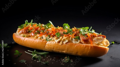 Baguette Ban Mi stuffed with vegetables, salmon, herbs and cheese.