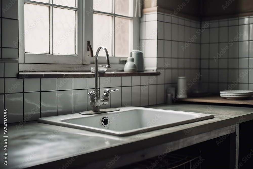 Empty sink in a kitchen. Generative AI