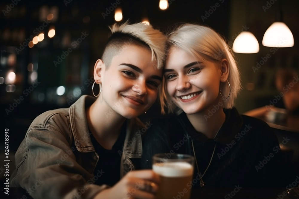Two young smiling modern women closeup. Generative AI