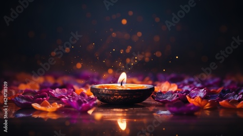 Happy Diwali Festival Background, Decorated with Oil Lamps. Hindu Festival of Lights Celebration. Generative Ai photo