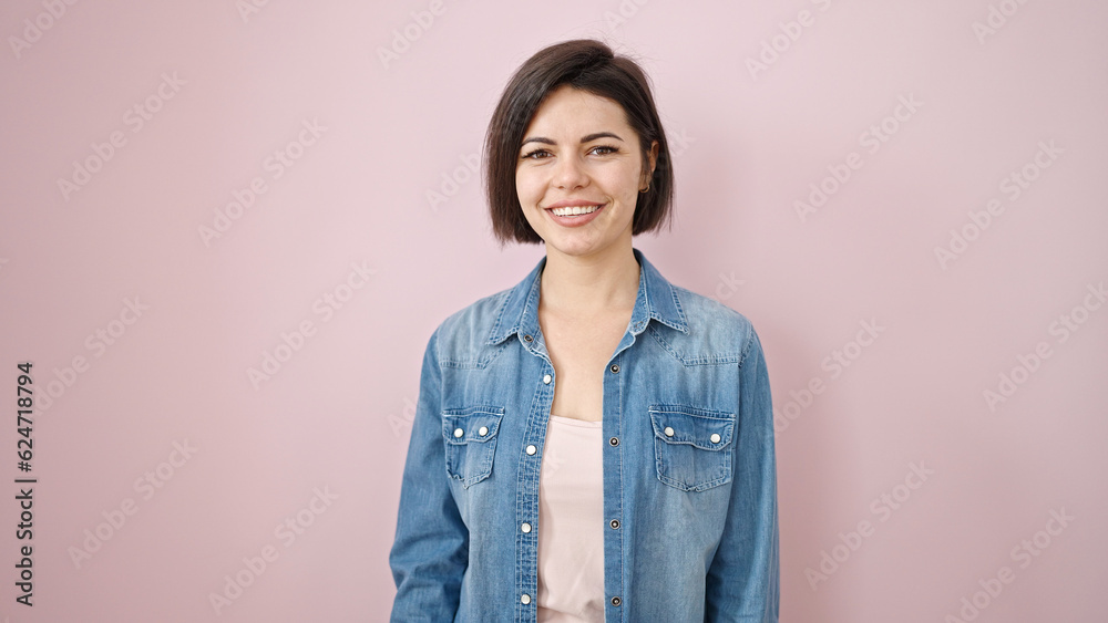 Young caucasian woman smiling confident over isolated pink background Young caucasian woman smiling confident over isolated pink background