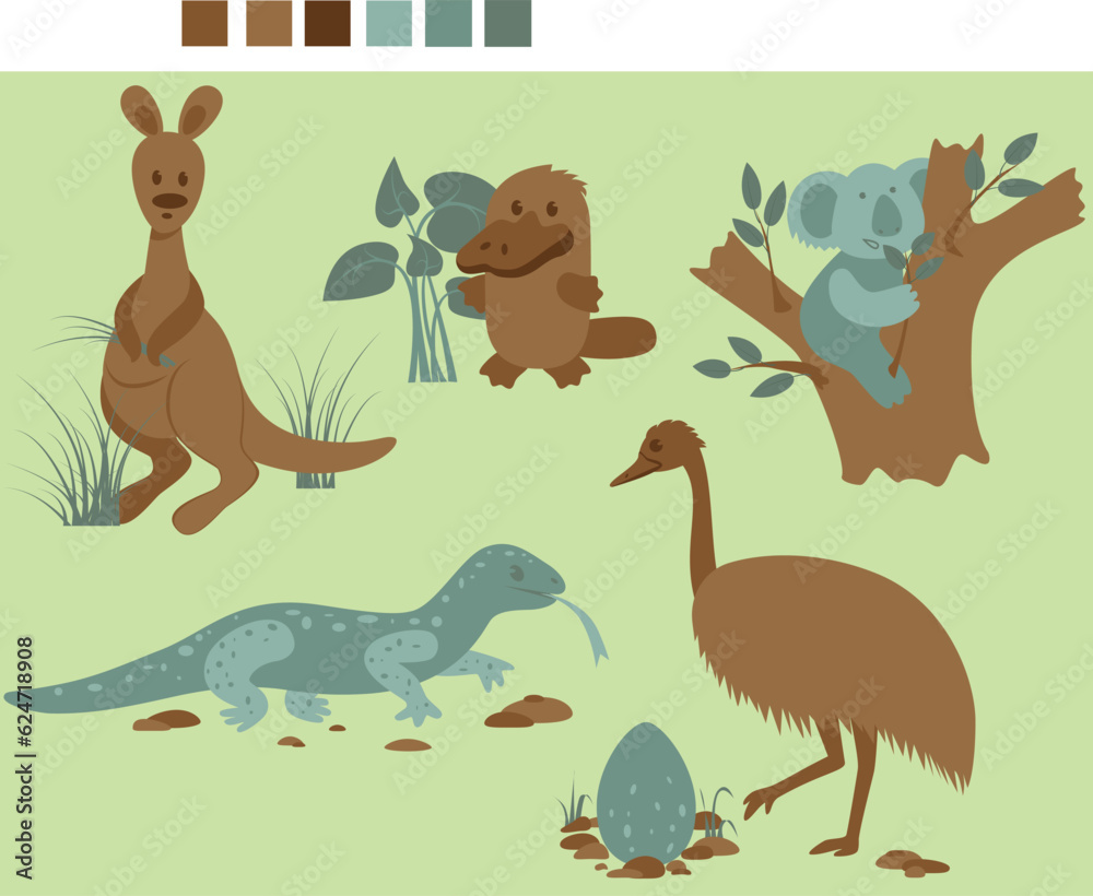 Animals of australia, australian animals, koala on a tree, monitor lizard, emu, kangaroo, platypus, beautiful images in vector graphics Animals of australia, australian animals, koala on a tree, monitor lizard, emu, kangaroo, platypus, beautiful images in vector graphics