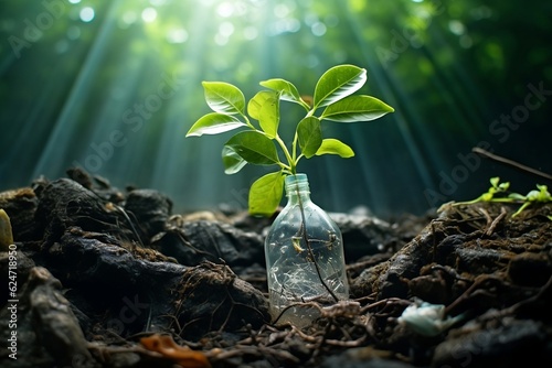 A young sprout grows in a plastic bottle. The concept of environmental pollution