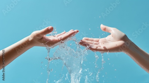 Social message, Natural resources waste, Hands, Water saving, Splashes, Symbolic. WATER IS PRECIOUS! 2 young open palms touching water. Splashes of water and drops all around. Generative AI