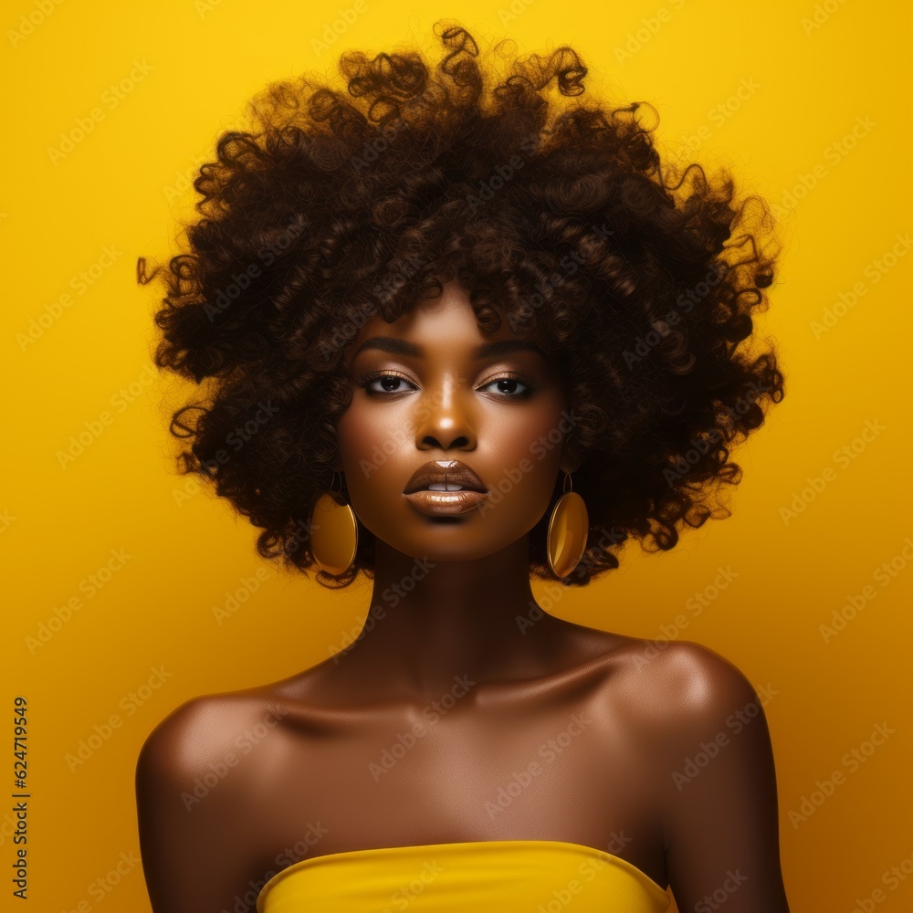 Beautiful african american woman with afro hairstyle on yellow background. Fashion portrait of african woman with beautiful yellow earrings Beautiful african american woman with afro hairstyle on yellow background. Fashion portrait of african woman with beautiful yellow earrings