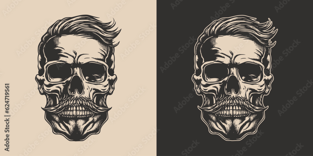 Set of vintage retro scary skull. Can be used like emblem, logo, badge, label. mark, poster or print. Monochrome Graphic Art. Vector. Hand drawn element in engraving