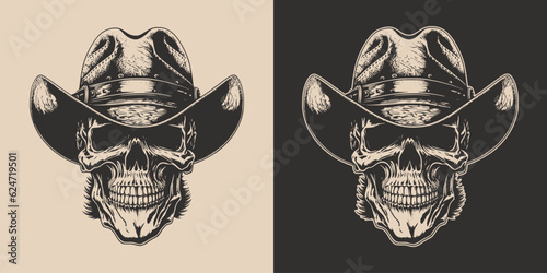 Set of vintage retro scary hipster cawboy skull in hat. Can be used like emblem, logo, badge, label. mark, poster or print. Monochrome Graphic Art. Vector. Hand drawn element in engraving