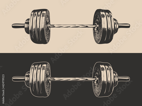 Vintage retro powerlifting bodybuilding gym fit sport barbell. Helathy strong inspiration. Graphic Vector