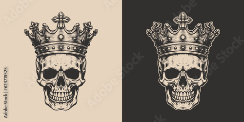 Set of vintage retro scary hipster cawboy skull in with king crown. Can be used like emblem, logo, badge, label. mark, poster or print. Monochrome Graphic Art. Vector. Hand drawn