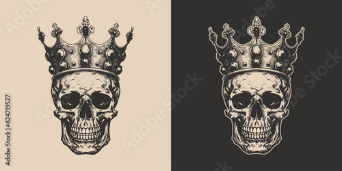 Set of vintage retro scary hipster cawboy skull in with king crown. Can be used like emblem, logo, badge, label. mark, poster or print. Monochrome Graphic Art. Vector. Hand drawn