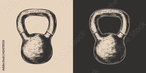 Set of vintage retro fit gym weight kettlenells.. Can be used for emblem, logo, badge, label. mark, poster or print. Monochrome Graphic Art. Vector. Hand drawn element