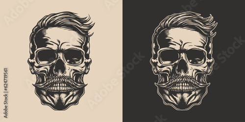 Set of vintage retro scary skull. Can be used like emblem, logo, badge, label. mark, poster or print. Monochrome Graphic Art. Vector. Hand drawn element in engraving