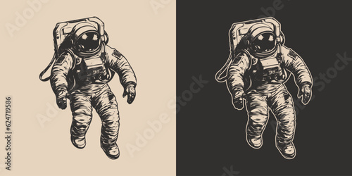 Fototapeta Set of vintage retro astronaut nasa future space adventure explore. Galaxy science trip. Graphic Art.