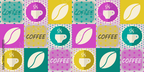 Tiles with painted coffee cups, coffee beans, as well as inscriptions. For wallpapers, pillows, notebooks, cups, textiles, interior