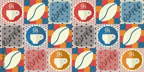 Tiles with painted coffee cups, coffee beans, as well as inscriptions. Coffee endless pattern, for coffee shops and caering establishments.