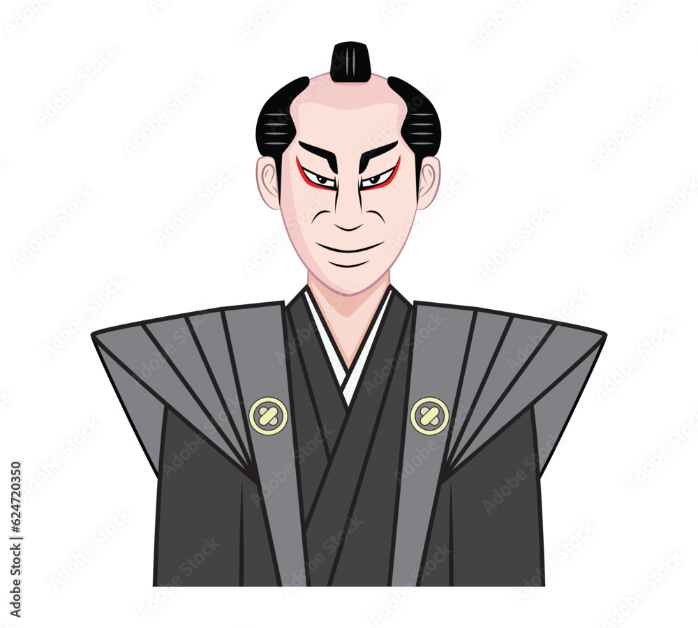 old Japanese man with ancient hair style dress in black formal Kamishimo Kimono drawing in cartoon vector old Japanese man with ancient hair style dress in black formal Kamishimo Kimono drawing in cartoon vector