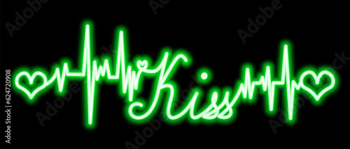 Kiss. The text is embellished with pulses and hearts. Green neon glow. Color vector illustration. Broken zigzag line and romantic lettering in italics. Isolated black background. Idea for web design